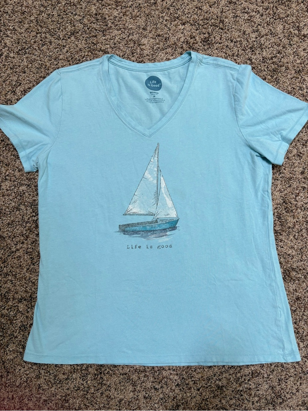 Life Is Good Light Blue V-Neck Sailboat Graphic Tee